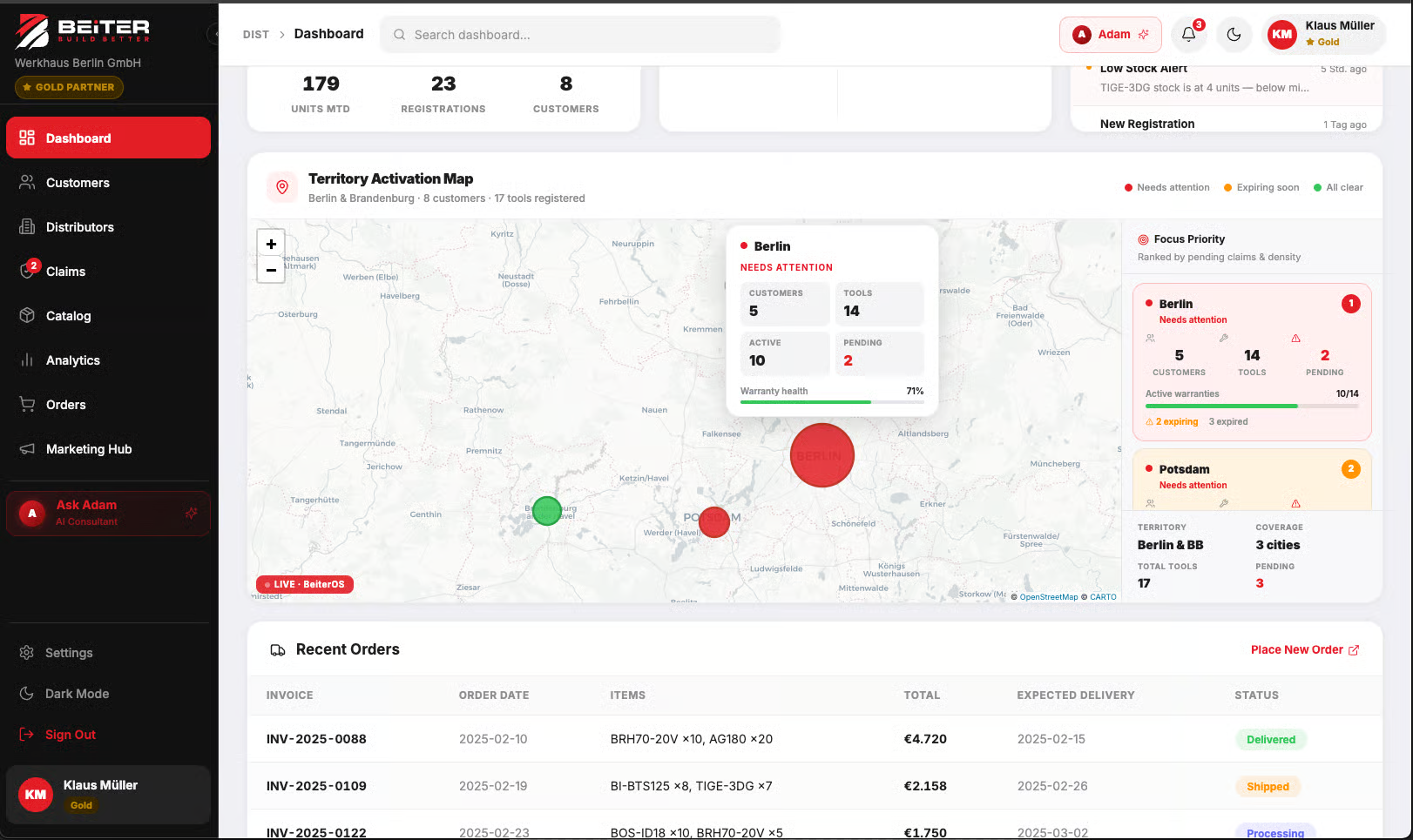Beiter OS distributor dashboard showing territory activation, warranty status, and recent orders