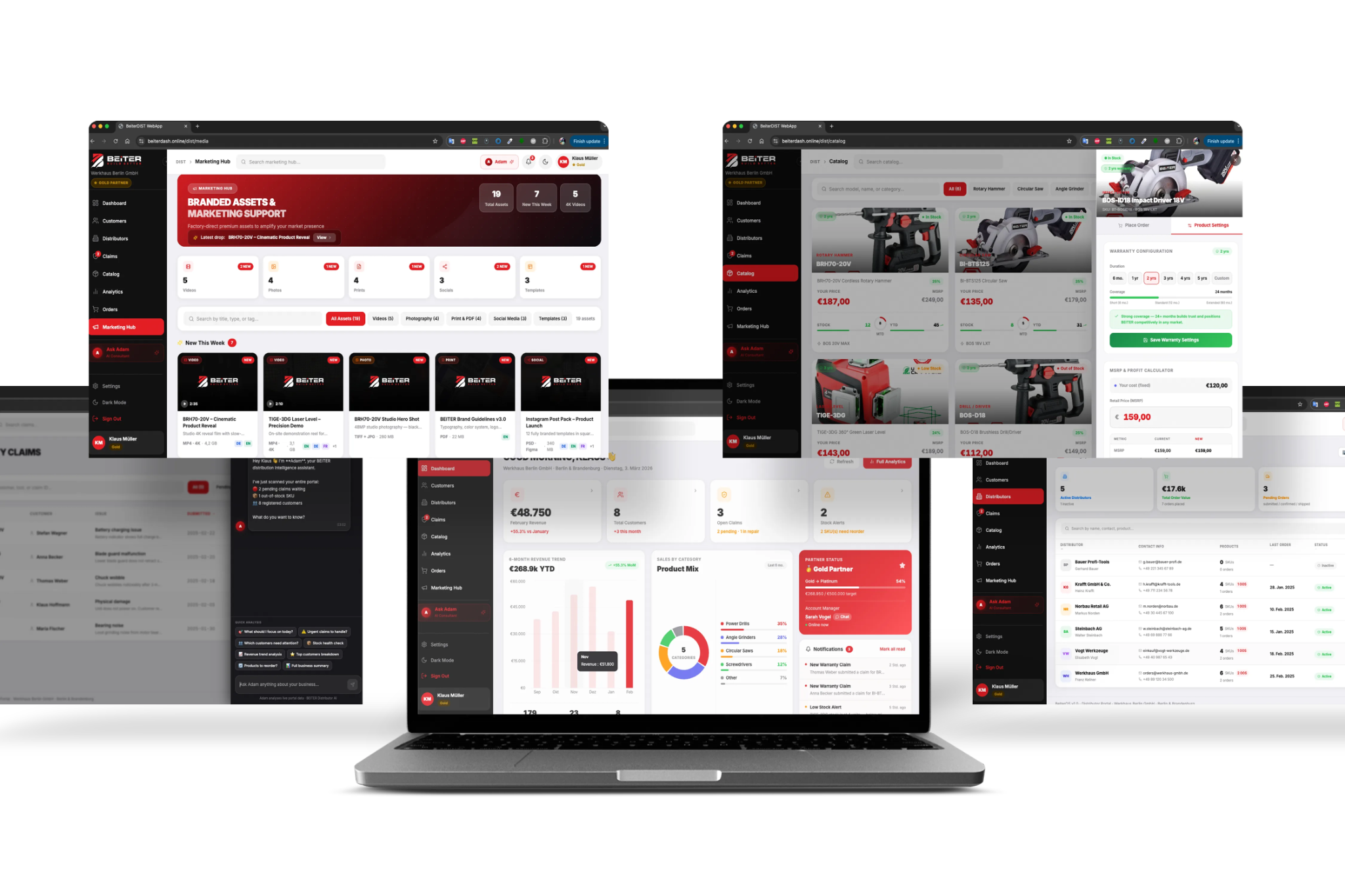 Beiter OS branded workspaces showing product catalog, marketing materials, claims, and distributor operations